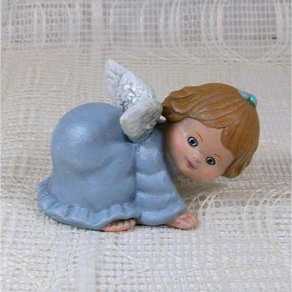 Handmade Ceramic Angel Figurine In Blue, Playing Cute Angel Statue, Baptism Gift